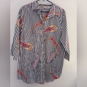 Chico's Navy and White Striped Paisley Shirt